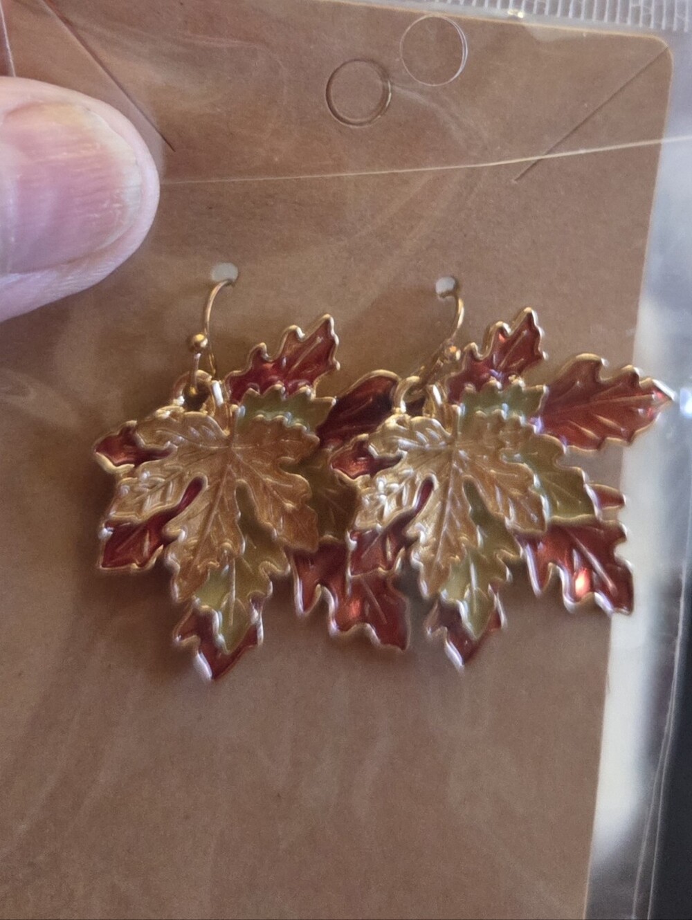 Gold-Tone Maple Leaf Drop Earrings with Red and Green Enamel